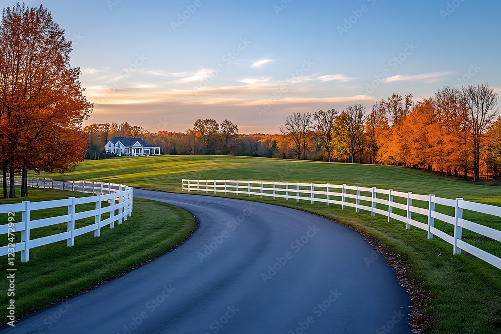 Picturesque Autumn Road With White Fence Guides Viewers To Opulent Residential Estates
