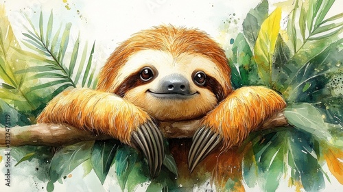 Watercolor sloth on branch in tropical leaves. Generative AI