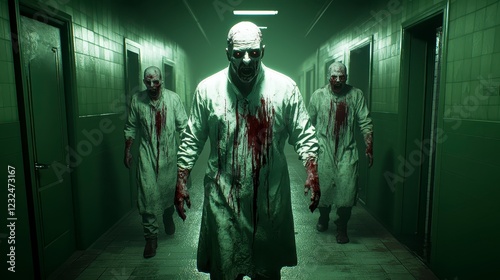 Three blood splattered figures in white lab coats walk down a dimly lit, green hued hospital corridor. Horror, suspenseful atmosphere. Dark, gritty photo