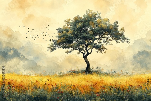 An abstract tree and field landscape in Thailand set against a watercolor illustration painting background