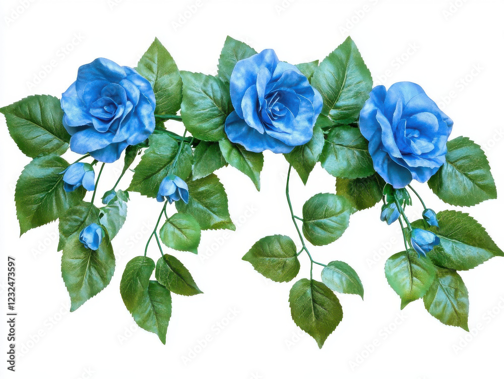 Beautiful blue roses with green leaves create vibrant floral arrangement, perfect for decoration or design. lifelike appearance adds elegance and charm to any setting Beautiful blue roses with green leaves create vibrant floral arrangement, perfect for decoration or design. lifelike appearance adds elegance and charm to any setting