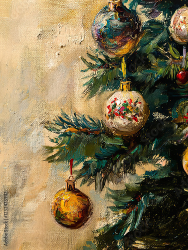 A close-up 1920s still life painting of decorated christmas tree, bright pastel colors
