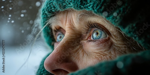 Close up portrait of an elderly woman's face partially covered by a teal knitted hat, her eyes looking upward. Snow is falling in the background. Her