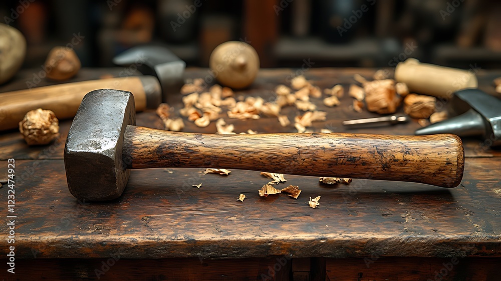 Craftsman's hammer, woodshop workbench, tools, sawdust, craftsmanship Craftsman's hammer, woodshop workbench, tools, sawdust, craftsmanship