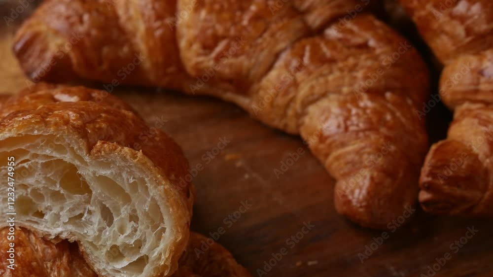 Fresh Baked French Croissants on wooden cafe table. Fresh Baked French Croissants on wooden cafe table.
