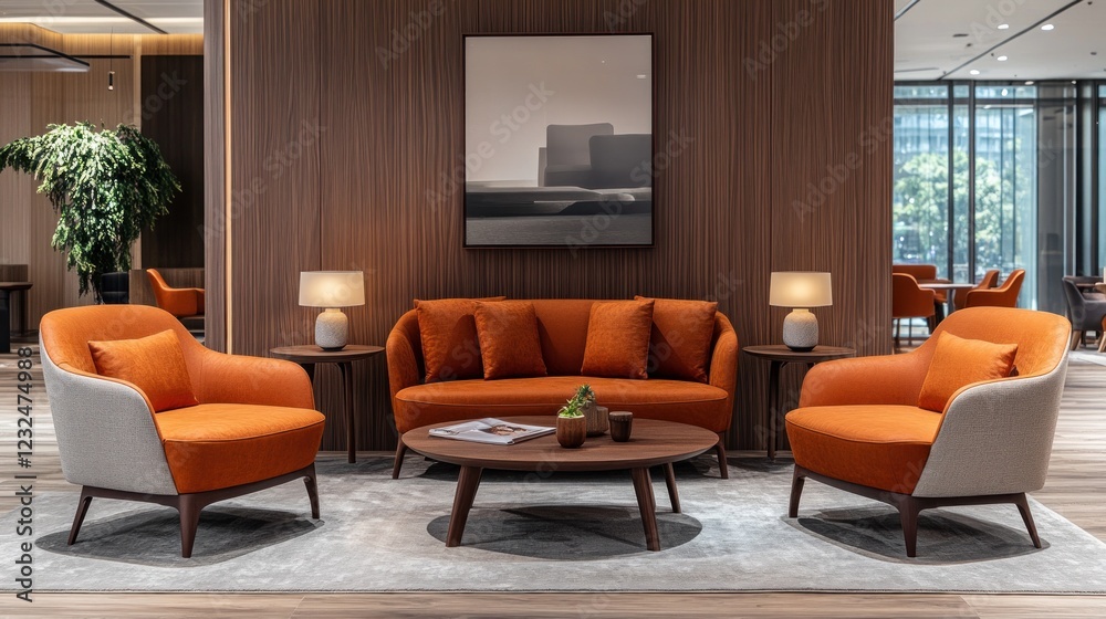 Fototapeta premium Modern office lounge, orange chairs, wood walls, city view, waiting area