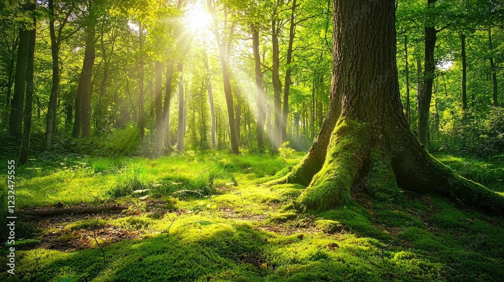 Obraz premium A lush forest landscape with towering trees, soft moss, and dappled sunlight filtering through the leaves. 