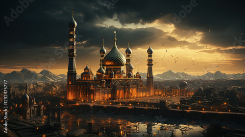A Nighttime cityscape featuring a row of Middle Eastern-Style Buildings illuminated by Warm Lights With Cloudy Sky