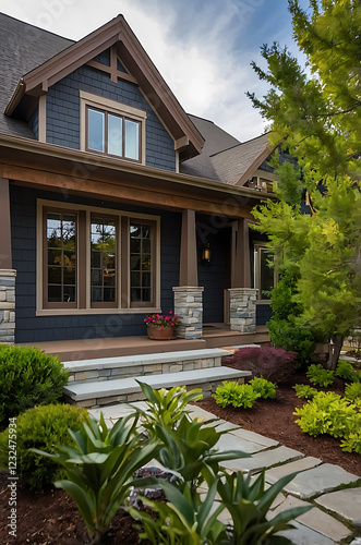 Luxury Modern Home Exterior: Stunning Architectural Design, Landscaping, and Garden.  A dream home with stone, wood, and blue accents.