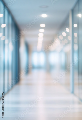 Bright and spacious modern office corridor with large windows and Spacious, sunlit hallway in a modern building with large glass windows and glossy tiled floors 