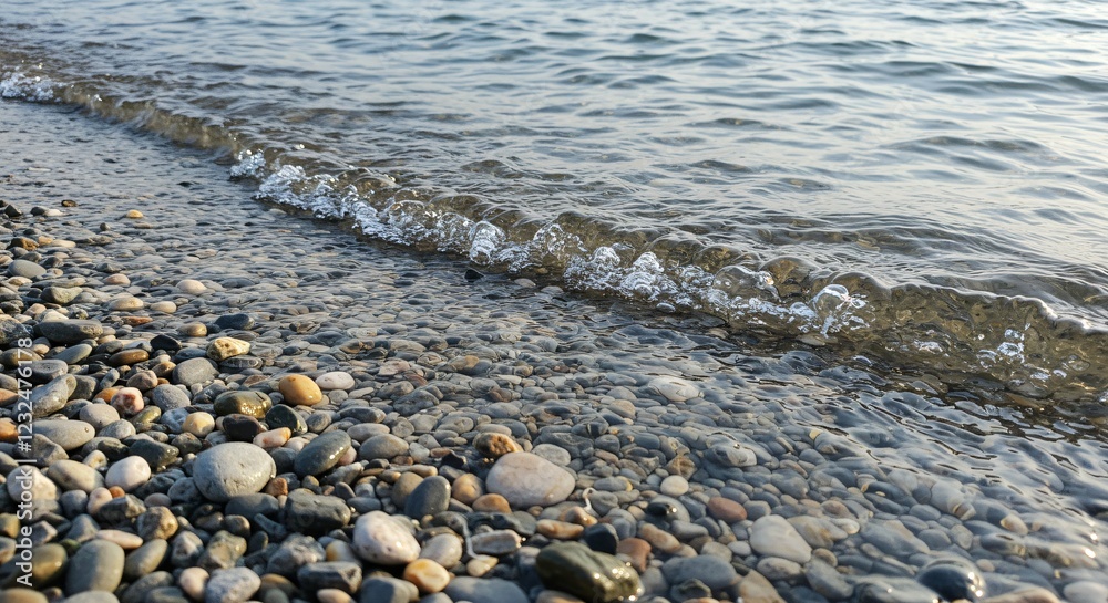 Gentle waves lap against a pebble-covered shoreline, creating a tranquil scene with clear water, smooth stones, and soft ripples reflecting the sunlight.