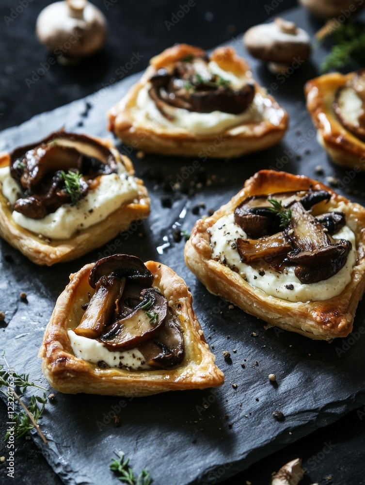 A rustic food presentation showcasing homemade tartlets with a crispy crust and a velvety mushroom filling. A refined yet comforting dish, ideal for stylish parties or casual gatherings A rustic food presentation showcasing homemade tartlets with a crispy crust and a velvety mushroom filling. A refined yet comforting dish, ideal for stylish parties or casual gatherings