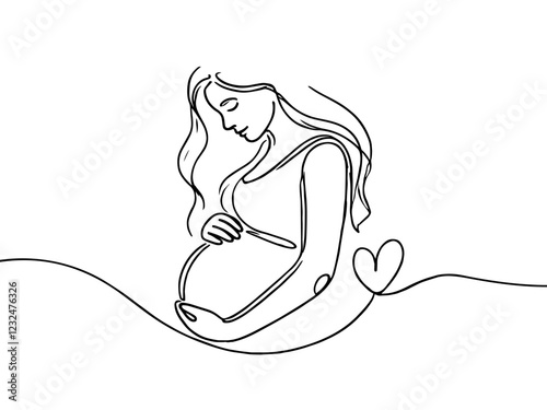 Beautiful pregnant woman touching her belly in continuous one line drawing. Simple line art illustration of pregnant belly.