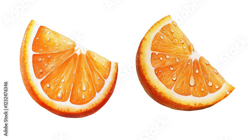 Fresh orange slices with water droplets, vibrant and juicy. Watercolor clipart, clip art, isolated on white/transparent background.