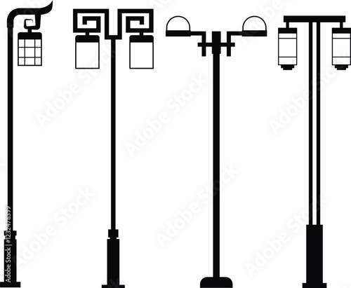 A collection of elegant garden lamp vector illustrations featuring various styles and designs.