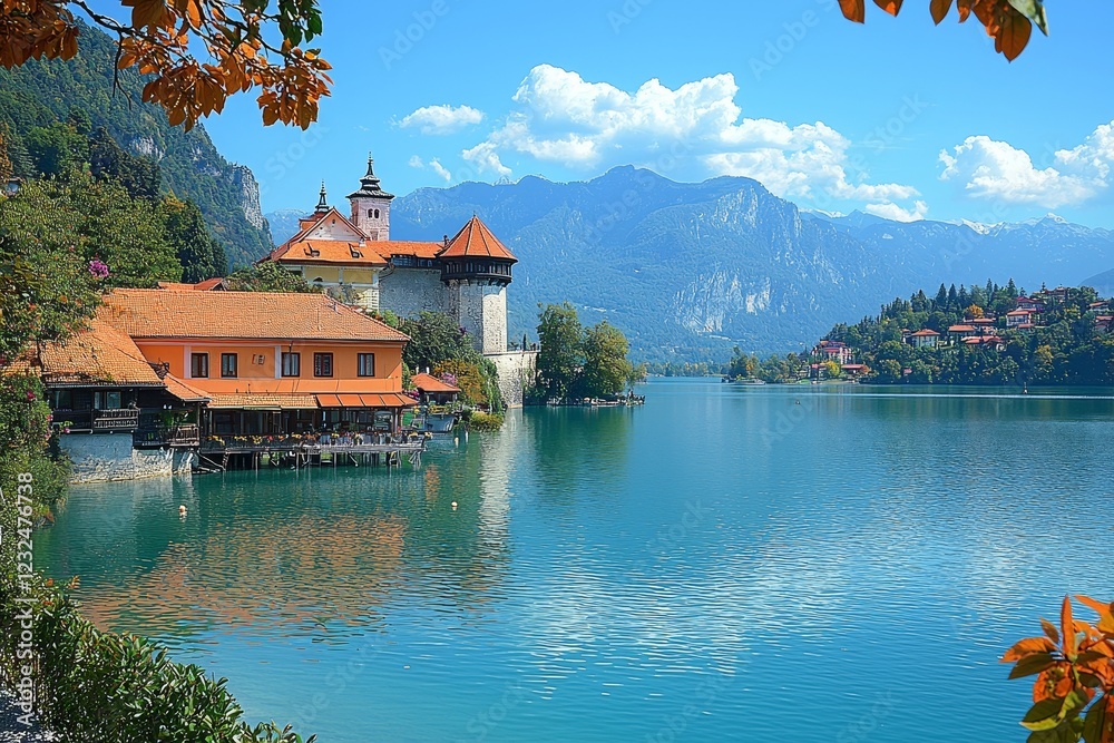 Naklejka premium A picturesque autumn landscape near Lake Bled, showcasing the castle and St. Martin's Parish Church