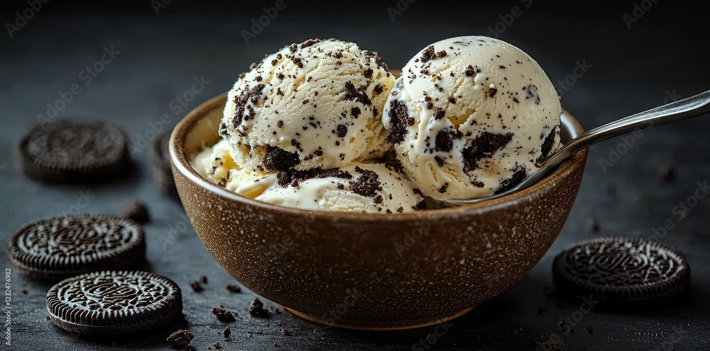 A quick, detailed shot of a spoon ladling rich, creamy Chocolate sandwich cookie ice cream with a black background A quick, detailed shot of a spoon ladling rich, creamy Chocolate sandwich cookie ice cream with a black background