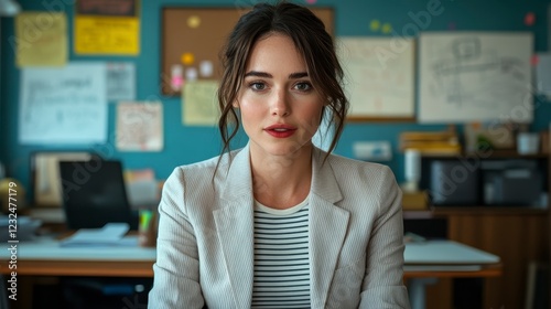A young woman with curly brown hair sits at a desk in a modern office, wearing a beige patterned blazer and a striped top. She looks directly at the