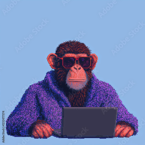 Pixel art, cool monkey with a laptop
