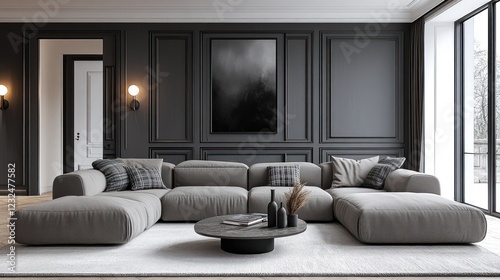 Modern sectional sofa in dark living room, city view photo