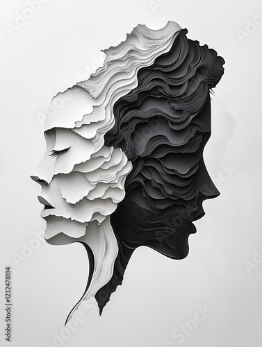 minimalistic black ink lines outlining abstract profiles of a man and a woman. white background