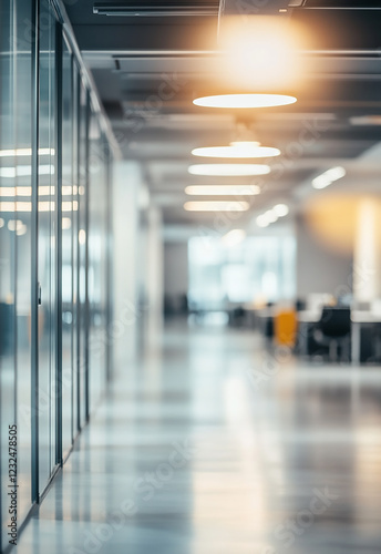 A wide-angle view of an empty modern office building with large windows and Bright and spacious office space in an unfocused view. Modern blurred background photo for banner 
