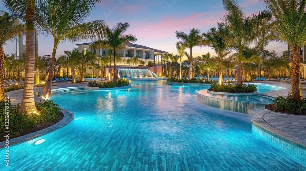 Resort Pool at Twilight Palm Trees and Waterfall Resort Pool at Twilight Palm Trees and Waterfall