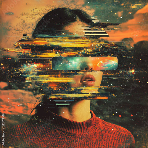 Mix glitchcore, surreal, and psychedelic art woman face and galaxy