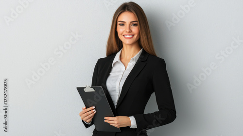 Confident female leader in black suit holding clipboard, smiling