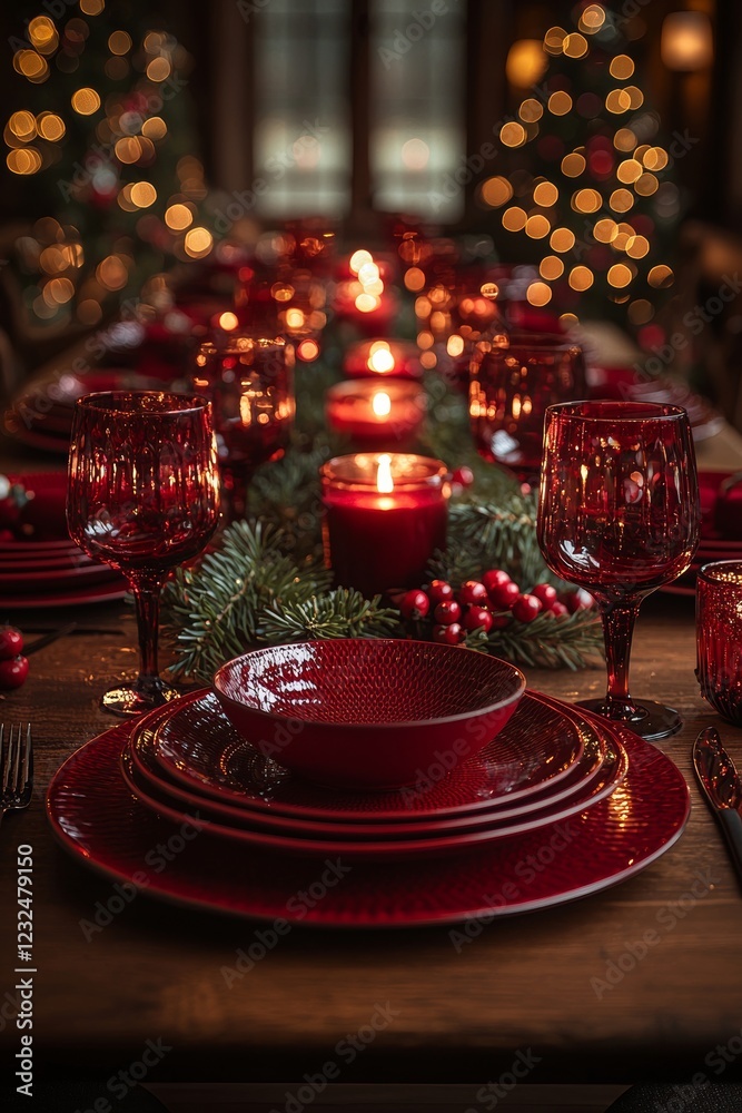 A table adorned with a red plate and red candles, ideal for a romantic dinner or special occasion A table adorned with a red plate and red candles, ideal for a romantic dinner or special occasion