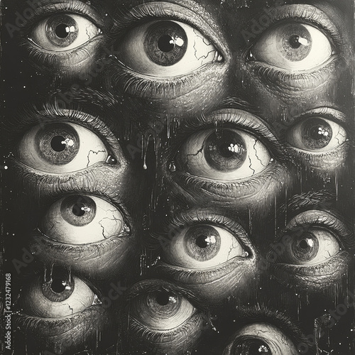 many eyes drawn with white pencil on black paper, gloomy atmosphere