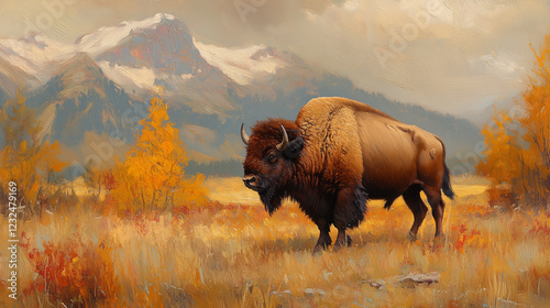 nature painting, bison bull in Yellowstone in autumn -