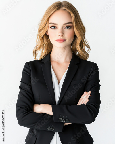 Confident female leader in black suit with arms crossed, exuding professionalism and poise