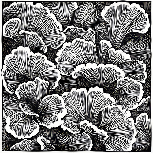 Mesopotamian, block print, illustration, lions mane mushroom pattern, black and white