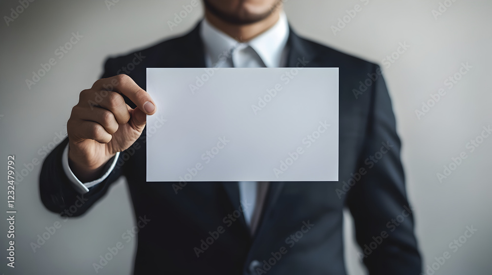 in a suit presenting a blank sheet of paper towards the camera with a confident expression in a suit presenting a blank sheet of paper towards the camera with a confident expression