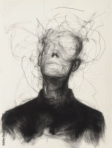 A rough, black ballpoint pen sketch with minimal detail, man portrait with head defaced with lines