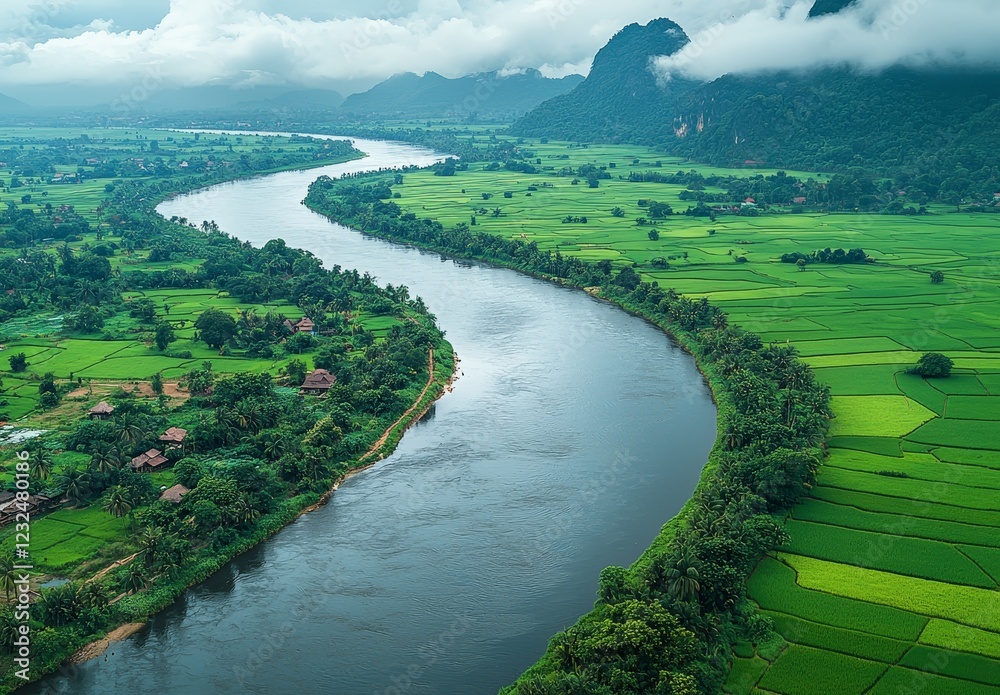 Fototapeta premium River winds through the hills of Bandarban, Bangladesh, embraced by misty clouds and lush greenery. Mountains loom under overcast skies above a dense rural forest
