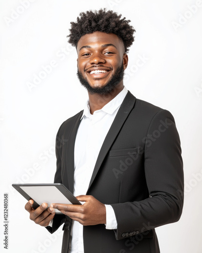 confident corporate leader smiling while holding tablet in suit