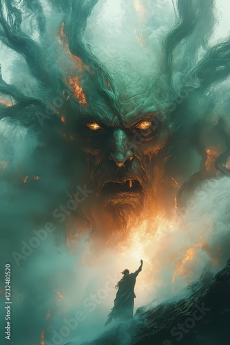 A lone figure confronts a colossal, fiery, tree like monster emerging from a misty landscape. The creature's face is menacing, with glowing eyes and
