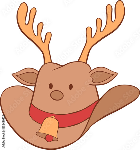 Christmas cowboy hat with gold reindeer antlers, red nose, ears, eyes, bell and hatband hand drawn illustration