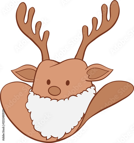 Christmas cowboy hat with reindeer antlers, Santa white fluffy beard, nose, ears, and eyes hand drawn illustration