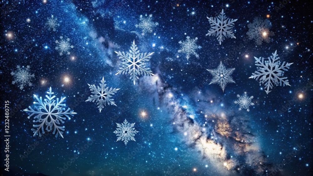Snowflakes gently falling from a dark and starry night sky, with the Milky Way visible in the background, creating a sense of wonder and magic , snowfall, cosmos Snowflakes gently falling from a dark and starry night sky, with the Milky Way visible in the background, creating a sense of wonder and magic , snowfall, cosmos