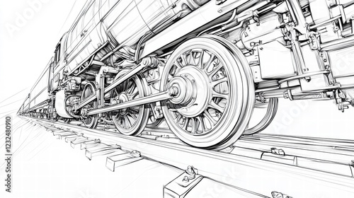 Detailed Sketch of Vintage Locomotive with Emphasis on Wheels