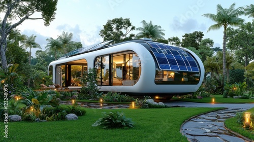 Innovative futuristic eco home design showcasing sleek solar panels nestled amidst a lush serene tropical landscape with a modern and minimalist architectural style