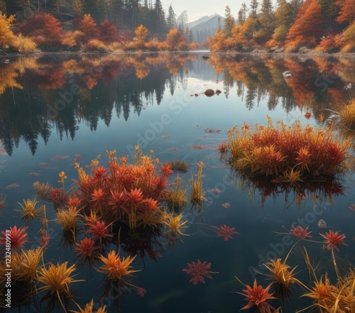 Floating dead aquatic plants on a calm autumn lake surface, float, vegetation, nature photo