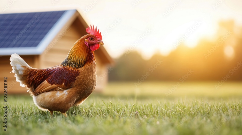 Fototapeta premium Sustainable Chicken Coop with Solar Powered Lights at Sunset
