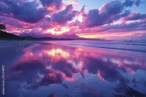 Beach serene, clouds mirrored in gradual ocean ripples