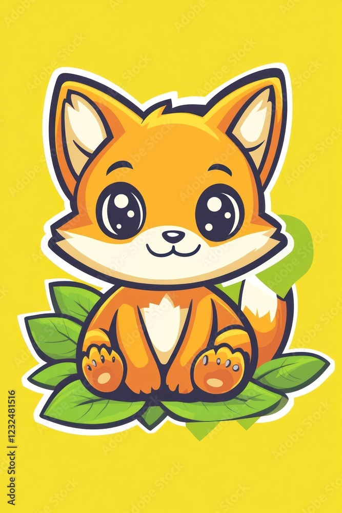 Fototapeta premium Cute fox sitting in leaves, yellow background, children's illustration