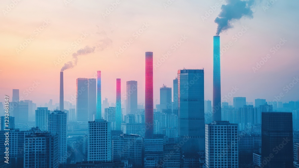 carbon dioxide pollution monitoring concept. City skyline at dusk with smokestacks and colorful illuminated buildings. carbon dioxide pollution monitoring concept. City skyline at dusk with smokestacks and colorful illuminated buildings.