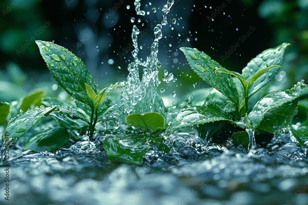 A mesmerizing slow-motion shot of an emerald green tea splash frozen in time, with delicate tea leaves dancing through the air set against a serene misty background A mesmerizing slow-motion shot of an emerald green tea splash frozen in time, with delicate tea leaves dancing through the air set against a serene misty background
